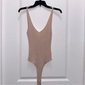 Lulu’s Rose Gold Shimmery Open Back Bodysuit